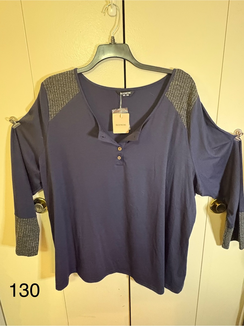 BloomChic Navy Long Sleeve Henley with Heathered Shoulder & Cuff Panels